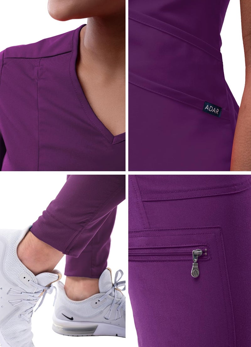 Adar Uniforms Adar Pro Athletic Scrubs Set For Women - Stretch V-Neck Scrub Top & Yoga Jogger Cargo Scrub Pants, 10 Pockets - P9500 - Eggplant - L - Image 5